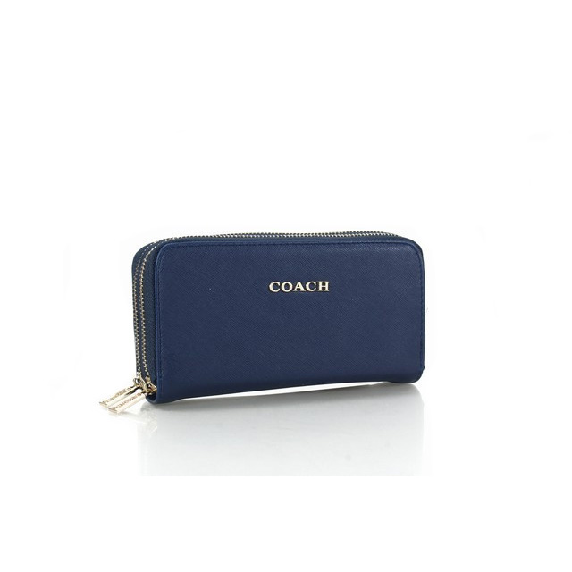 Coach Double Zip In Saffiano Small Navy Wallets FFR
