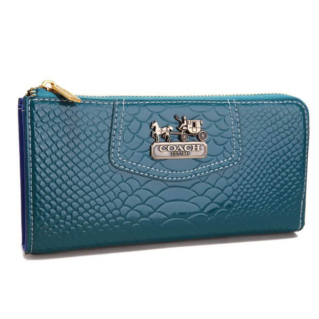 Coach Madison Continental Zip In Croc Embossed Large Blue Wallet